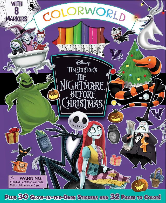ColorWorld: Disney Tim Burton's The Nightmare Before Christmas Coloring Kit – 8 Jumbo Markers + 30 Glow-in-the-Dark Stickers (Ages 6–8)